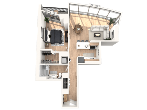 Floor plan for 1 bed, 1 bath, 867 sqft